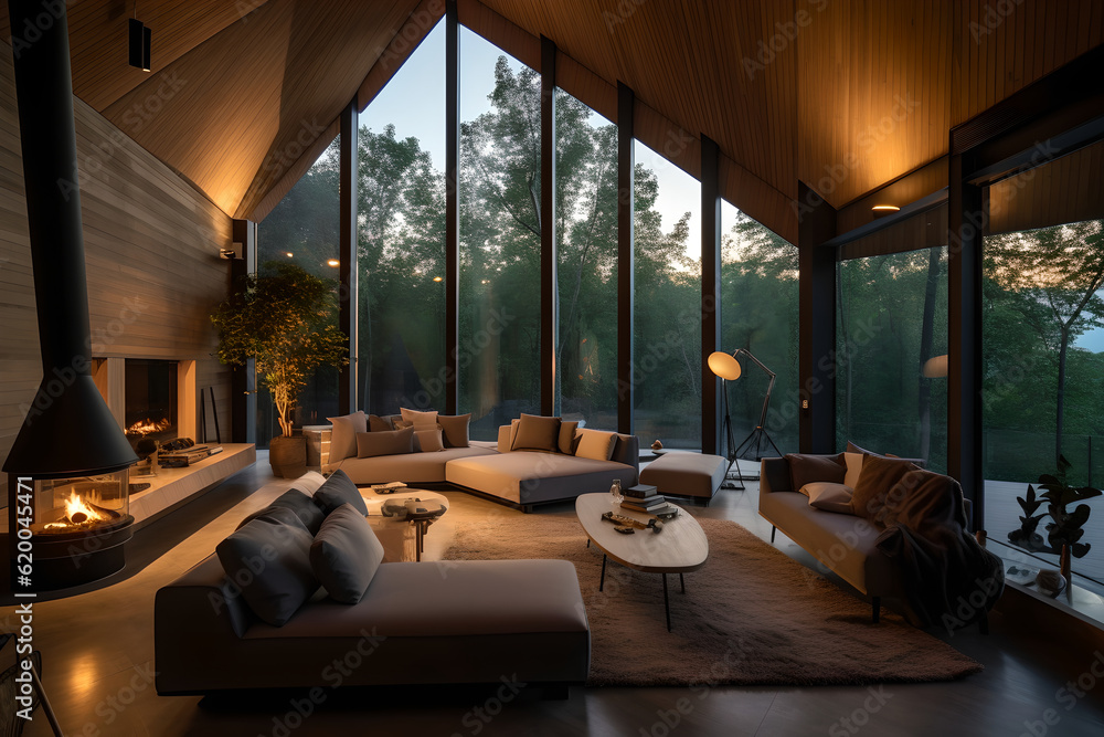The interior of a modern living room designed with a minimalist style, leather armchair with table on dark wall and wood floor Interior surrounded with forest The interior of a modern living room designed with a minimalist style, leather armchair with table on dark wall and wood floor Interior surrounded with forest