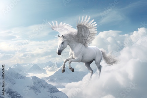 A unicorn  Majestic Pegasus horse flying high above the clouds. Flight of the Pegasus. Generative Ai
