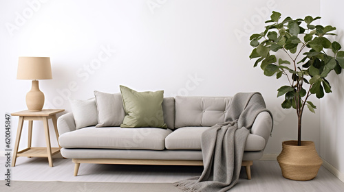 Cozy and Stylish: Gray Sofa and Natural Elements in a Contemporary Living Room, Generative AI