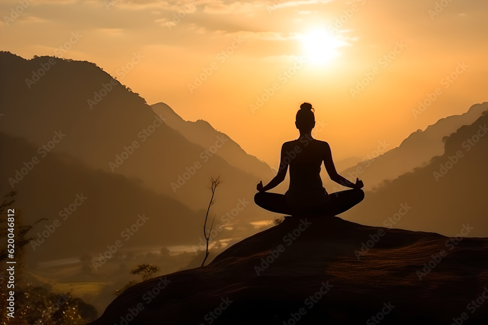 Silhouette of woman doing yoga exercise on the mountain during sunset. Concept of yoga, fitness and a healthy lifestyle.