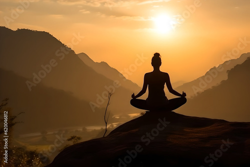 Silhouette of woman doing yoga exercise on the mountain during sunset. Concept of yoga  fitness and a healthy lifestyle.