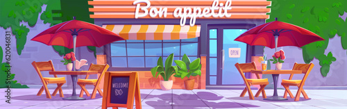 Urban cafeteria facade with furniture outdoors. Vector cartoon illustration of tables and chairs under parasols on street patio, flowerpots and welcome sign near bistro. City cafe exterior design