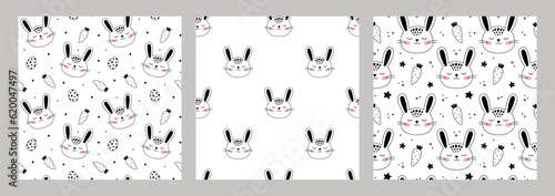 Hand drawn Little Hare in doodle style for designing baby clothes. Set of kids seamless patterns with Rabbit. Cartoon Bohemian nursery print. Kids design texture. Vector illustration.