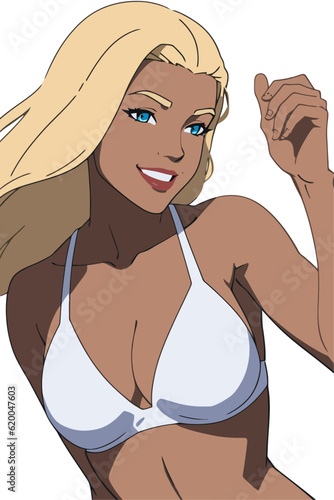 Sexy tan blonde woman in bikini swimwear summer illustration vector cartoon flat style isolated on white background.