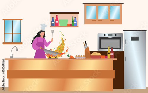 women cooking in kitchen vector illustration, a mother making fried rice in kitchen vector graphic illustration, housewife cooking with many ingredients, egg, carrot, knife, oven