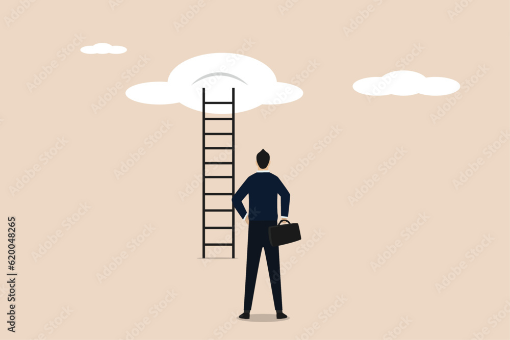 Illustration of a businessman looking at the ladder of success as high as the clouds in the sky. Illustration of successful businessman. Illustration of a businessman looking at the ladder of success as high as the clouds in the sky. Illustration of successful businessman.