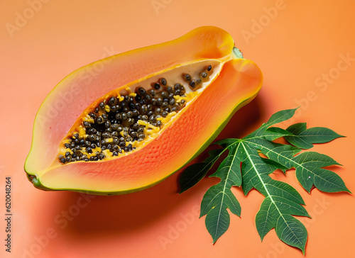 Ripe papaya with leaves on orange background photo