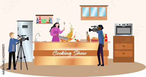 Chef cooking food on cooking show vector illustration, cameraman and crew shooting for culinary TV show, television industry concept, cooking show TV banner concept