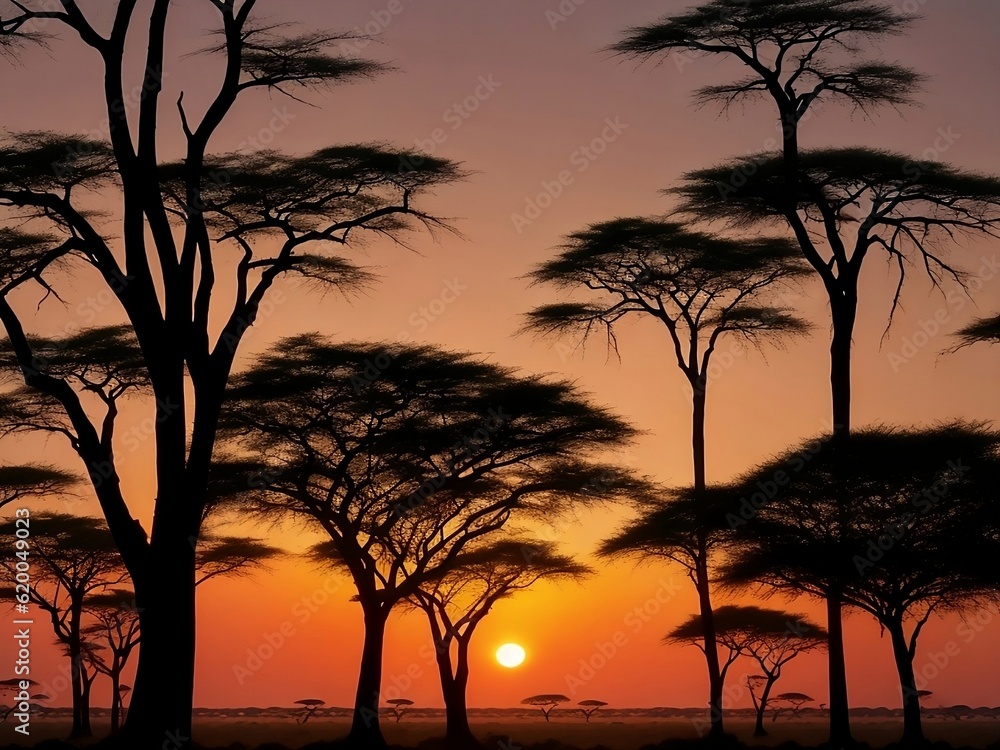 árboles al atardecer sabana africa ,generado con ai