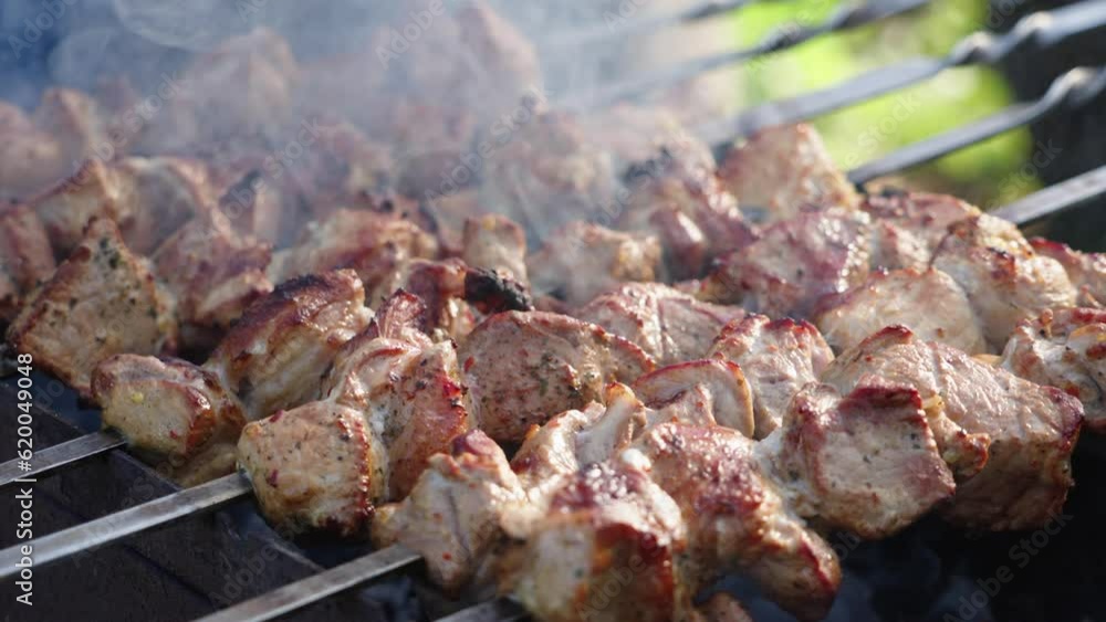 Roasting juicy and marinated pig meat with spices and herbs in burning charcoals on bbq grid, smoke in slow motion