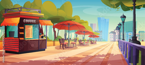 Outdoor street cafe in city park square vector cartoon illustration. Outside awning cafeteria with table, chair and orange umbrella on garden area. Cityscape landscape with open air booth for coffee