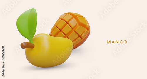 Juicy mango, sweet natural dessert. Concept for grocery store. Realistic color illustration. Vegetarian theme. Advertising of mango products and dishes