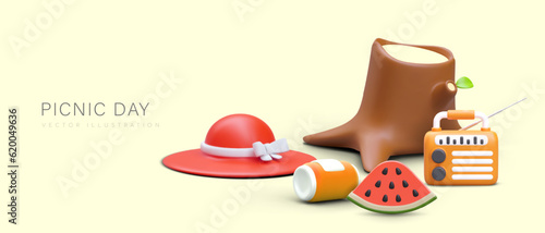 Picnic day. Color scene in plasticine style. 3D tree stump, sun hat, watermelon slice, radio, drink can. Pleasant leisure time in nature. Snack during outdoor walk