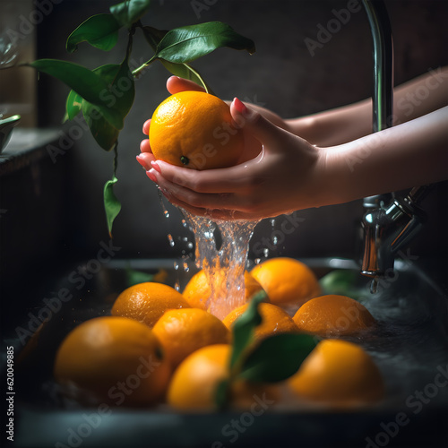 mandarins orange are being washed under the kitchen faucet with a green leaf