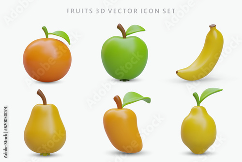 Set of realistic fruit icons. Colored ripe vector fruits with shadows. Orange, green apple, banana, pear, mango, lemon with leaf. Nutritious vitamin natural food