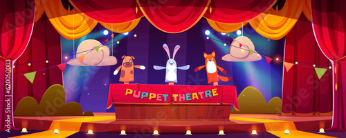Puppet theater child show stage vector background. Kid theatre with marionette and hand toy funny scene cartoon illustration. Rabbit, fox and bunny childish animal character performance entertainment
