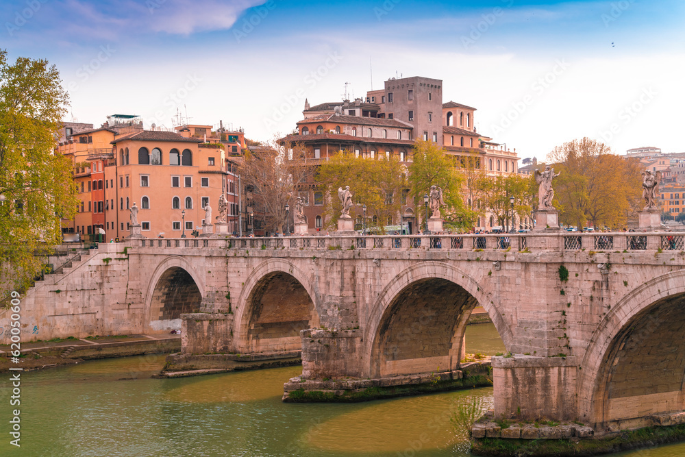 St. Angelo Bridge in Rome historic city center, Italy