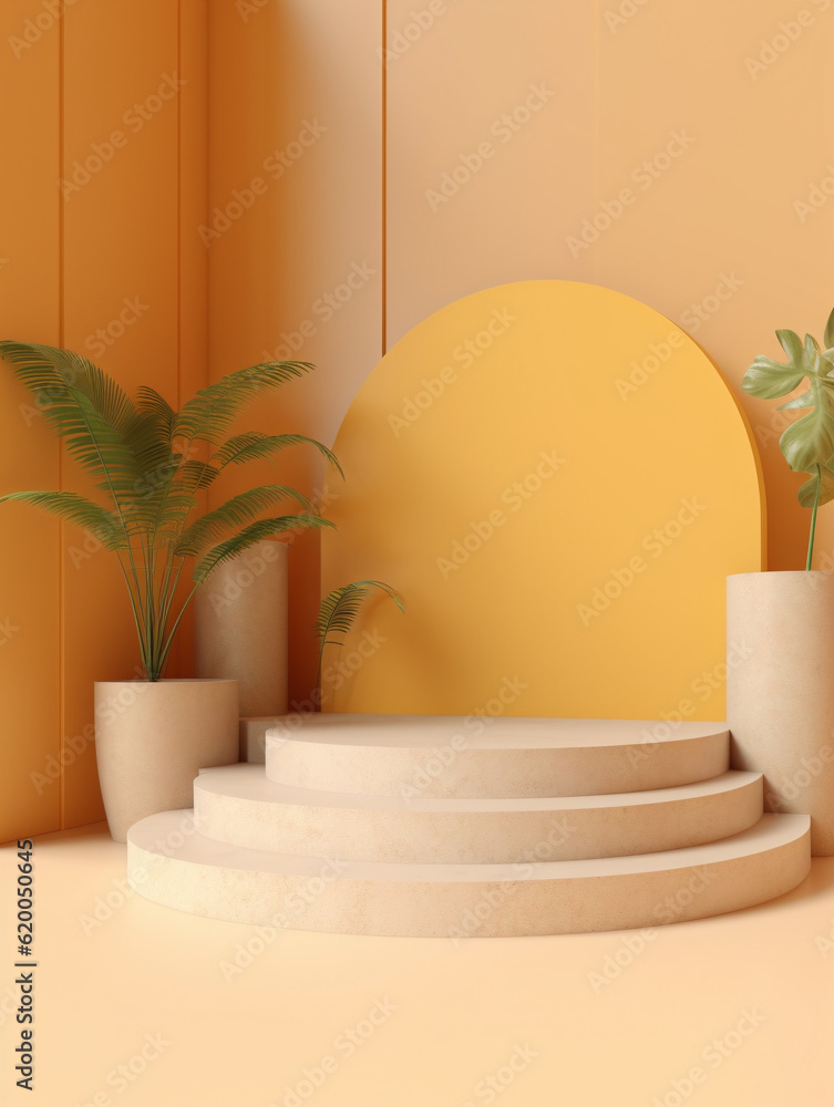 Yellow arch display podium decorated with plant on beige background. Created with Generative AI technology Yellow arch display podium decorated with plant on beige background. Created with Generative AI technology