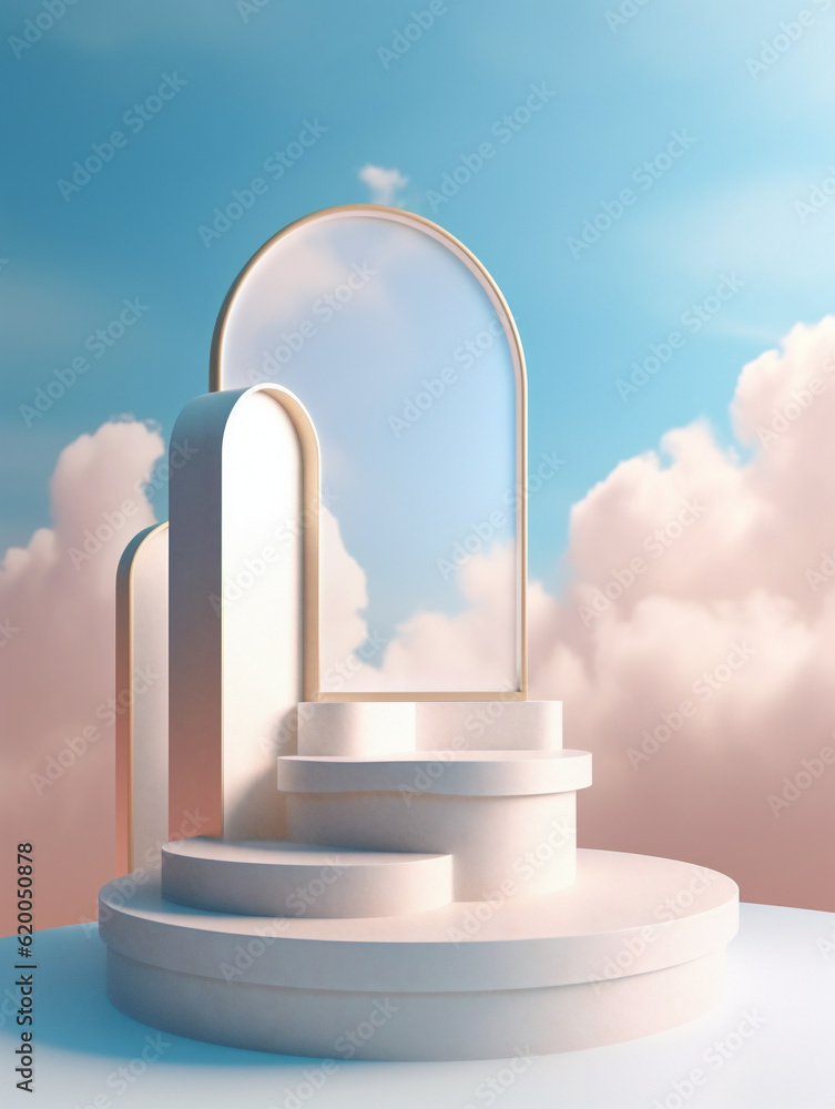 Geometric display podium with translucent arch window on top with fluffy pink clouds and blue sky in the background. Created with Generative AI technology Geometric display podium with translucent arch window on top with fluffy pink clouds and blue sky in the background. Created with Generative AI technology