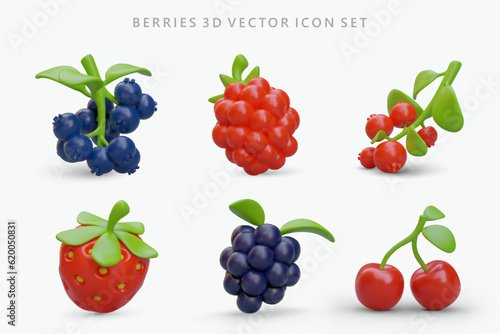 Set of colored 3D berry icons. Vector images of blueberries, raspberries, lingonberries, strawberries, blackberries, cherries. Natural vegetarian ingredients for baking, desserts, juices