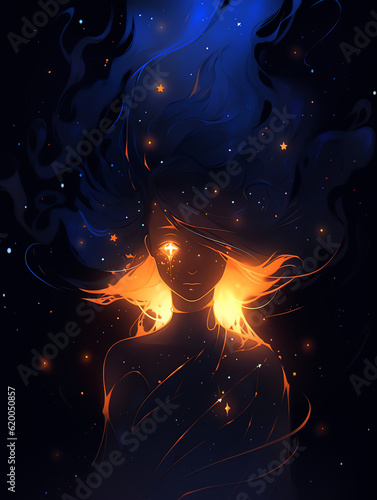 Digital Illustration of A girl in Cosmic Outer Space and Stars Background