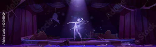 Abandoned theatre ballet stage and ballerina ghost performance background. Theater curtain with spotlight on dead girl dance scene illustration. Broken and messy dancing hall interior with spider web