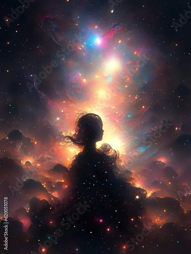 Digital Illustration of A girl in Cosmic Outer pace Background