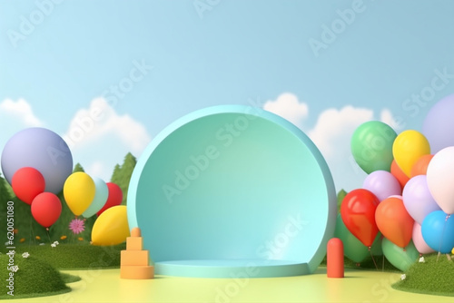 Party balloons display podium background outdoor with beautiful blue sky. Created with Generative AI technology