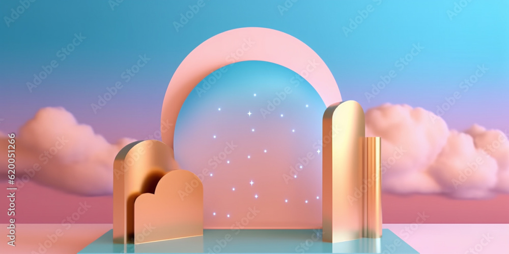 Abstract arch with pink and blue sky with clouds in the background. Created with Generative AI technology Abstract arch with pink and blue sky with clouds in the background. Created with Generative AI technology