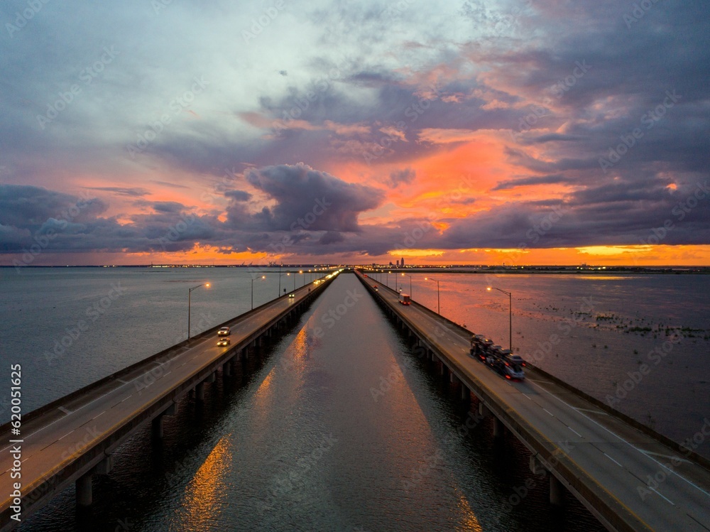 Jubilee Parkway bridge at sunset on Mobile Bay