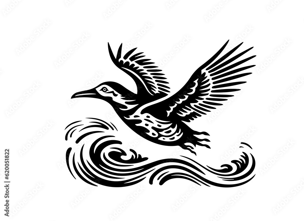 Fototapeta premium Seagull Tattoo stamp print Flight freedom peace in the world