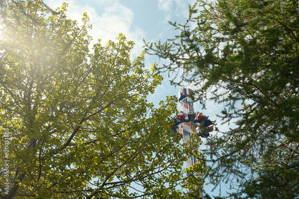 Fototapeta premium View through trees on tall drop tower