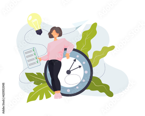 Successful woman holding tablet with marked tasks. Performing duties on time, developing, learning and working. Time management concept. Vector illustration in flat design
