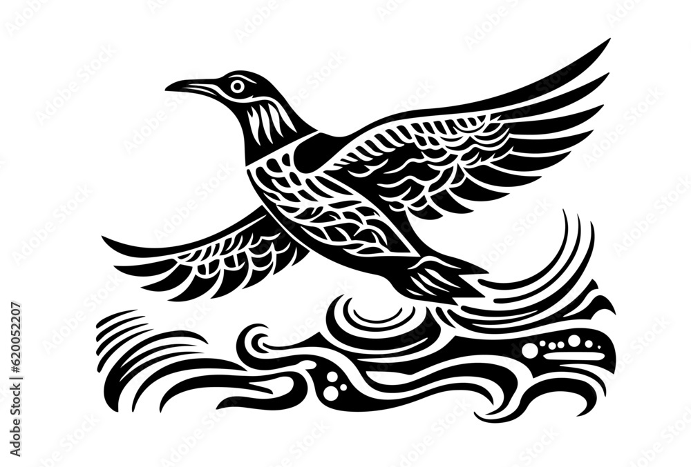 Fototapeta premium Seagull Tattoo stamp print Flight freedom peace in the world