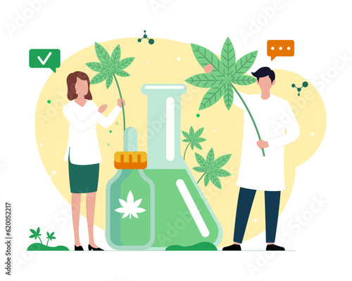 Medical workers holding leaves checking quality. Legality of cannabis for medical use. Marijuana products cultivation and distribution. Vector flat illustration in green and yellow color