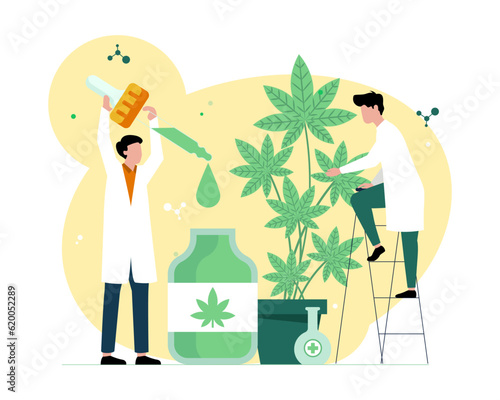 Man standing near plant and looking at leaves. Lab worker holding pipette with medicine. Legality of cannabis for medical use. Vector flat illustration in green and yellow color