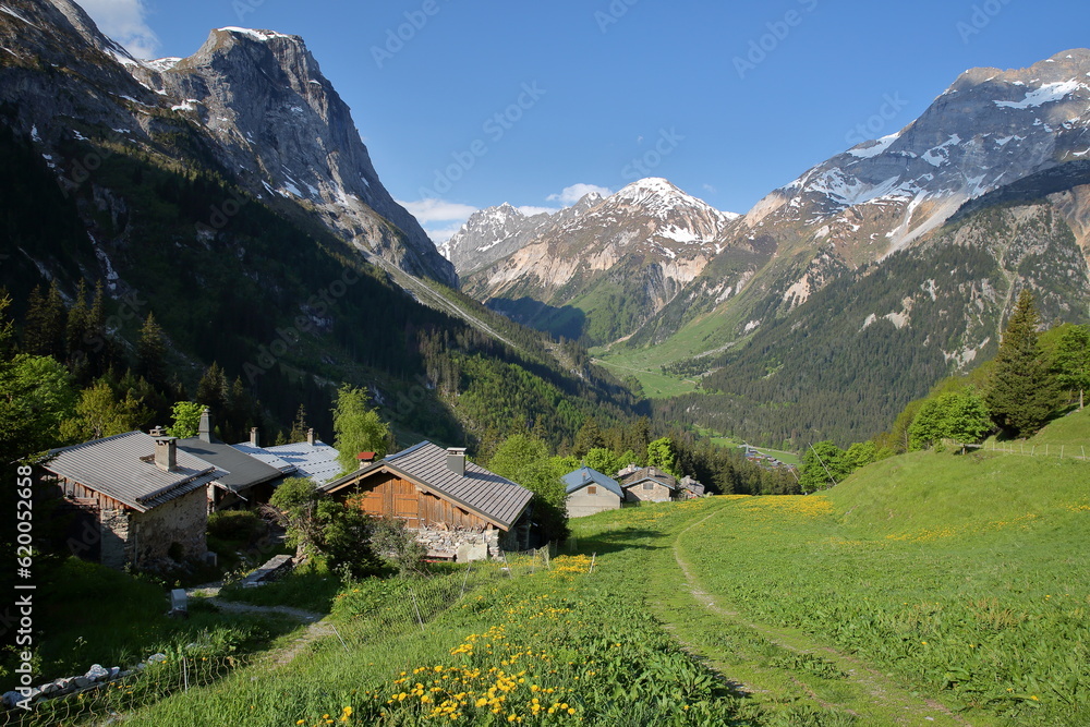The hamlet Les Fontanettes, with traditional stone houses, located  above Pralognan la Vanoise, gateway to the Vanoise National Park, Northern French Alps, Tarentaise, Savoie, France