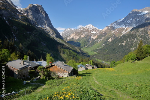 The hamlet Les Fontanettes  with traditional stone houses  located  above Pralognan la Vanoise  gateway to the Vanoise National Park  Northern French Alps  Tarentaise  Savoie  France