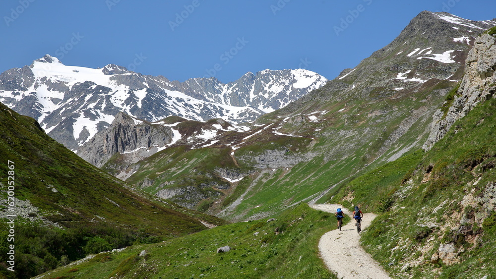 Mountain bikes on a track located along the Chaviere valley, Pralognan la Vanoise,Vanoise National Park, Northern French Alps, Tarentaise, Savoie, France, surrounded by mountains and glaciers