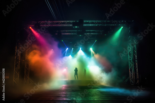 Vibrant stage in the glow of colored spotlights, with smoke adding an air of mystery and drama. The image captures the anticipation and excitement inherent in live performances, generative AI © Kien