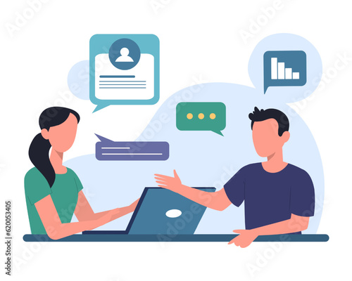 Adult man talking with HR manager in office. Process of talking with candidates. Human resource management representatives. Vector flat illustration in blue colors