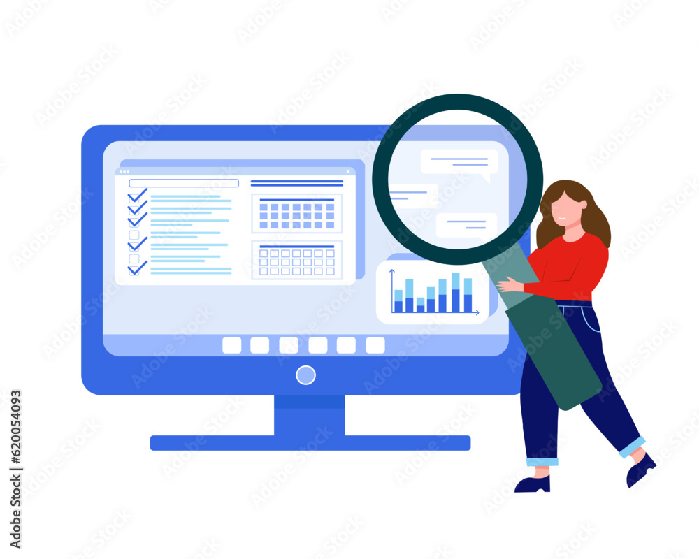 Female holding magnifying glass and looking at computer screen. Planning and performing tasks concept. Fixation of project implementation, time control. Vector flat illustration in blue colors Female holding magnifying glass and looking at computer screen. Planning and performing tasks concept. Fixation of project implementation, time control. Vector flat illustration in blue colors