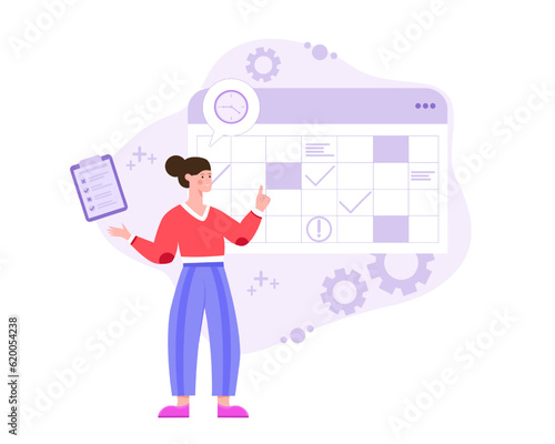 Young worker standing near calendar and planning. Effective work scheduling, multitasking concept with clock, calendar. Office productivity, workflow. Vector illustration in purple colors