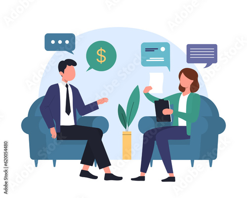 Man talking with lady, looking for new job. HR managers interviewing job seekers. Process of talking with candidates. Human resource management representatives. Vector flat illustration