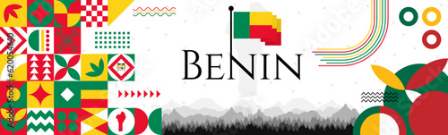 Benin Independence Day abstract banner design with flag and map. Flag color theme geometric pattern retro modern Illustration design. Green, Yellow and Red flag color template.