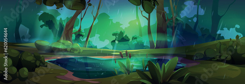Green forest with rain cartoon vector landscape background. Woodland nature scene with pond in fantasy park environment. Wild and dark deciduous forestscape view with rainfall wallpaper design