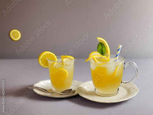 a cup of Lemonate sitting on top of a saucer, a stock photo by Jacob More, featured on Pixabay, art photography, a photo was taken with Nikon d750 photo