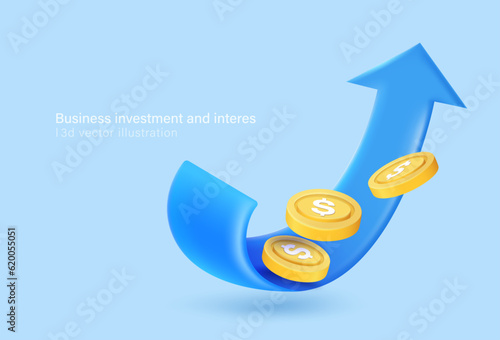3d arrow growth with coin investing business and interest. Isolated on a pastel blue background. 3d vector illustration.