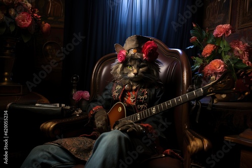 cat playing guitar on stage hippie dress like jimi hendrix illustration generative ai