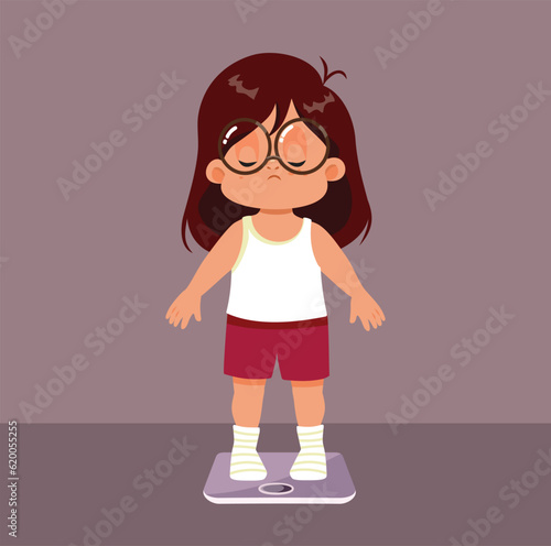 Girl Suffering from Obesity Weighing Herself on s Scale Vector Illustration. Child feeling sad about her overweight health problems 
